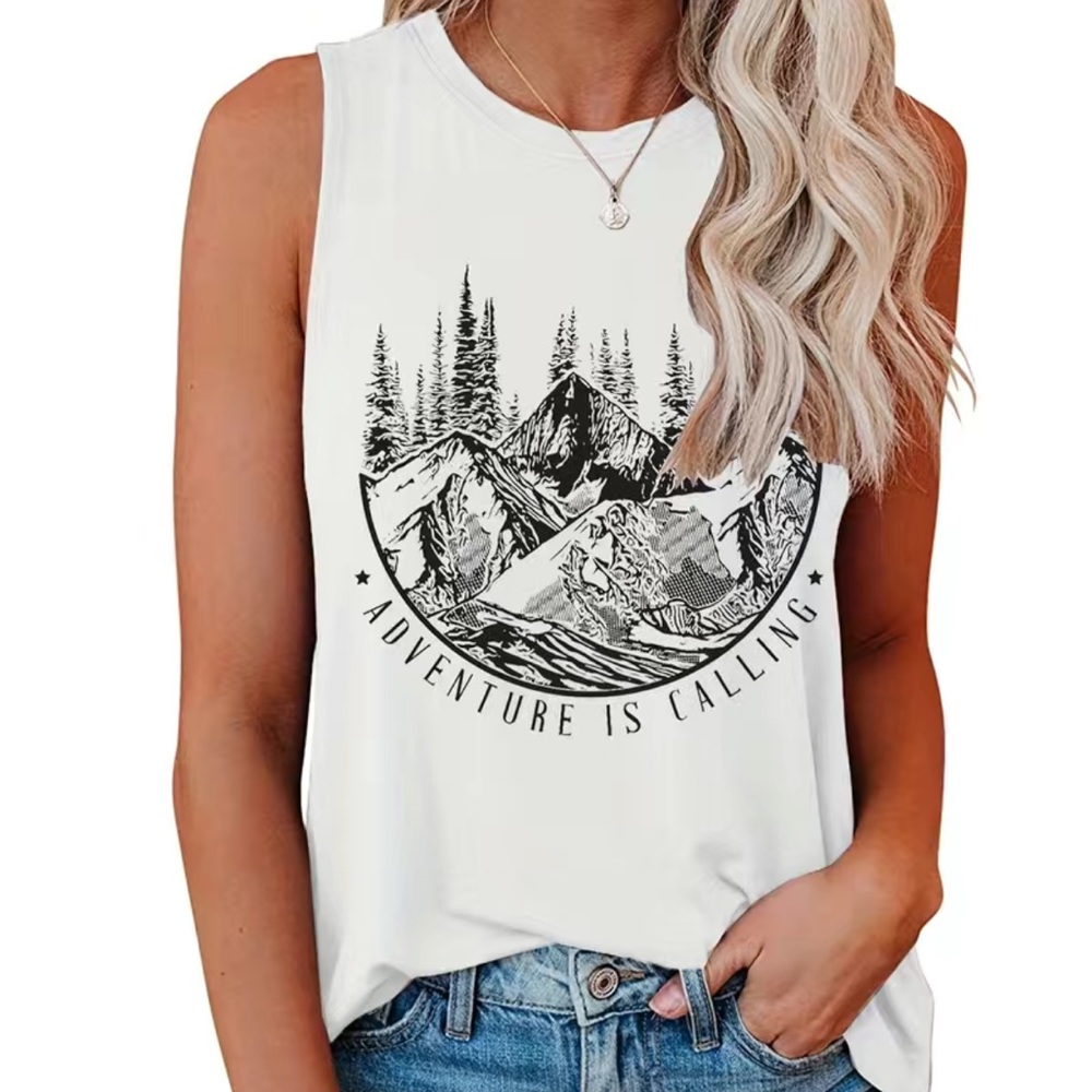 Sleeveless 'Adventure Is Calling' Graphic Tank Top - White